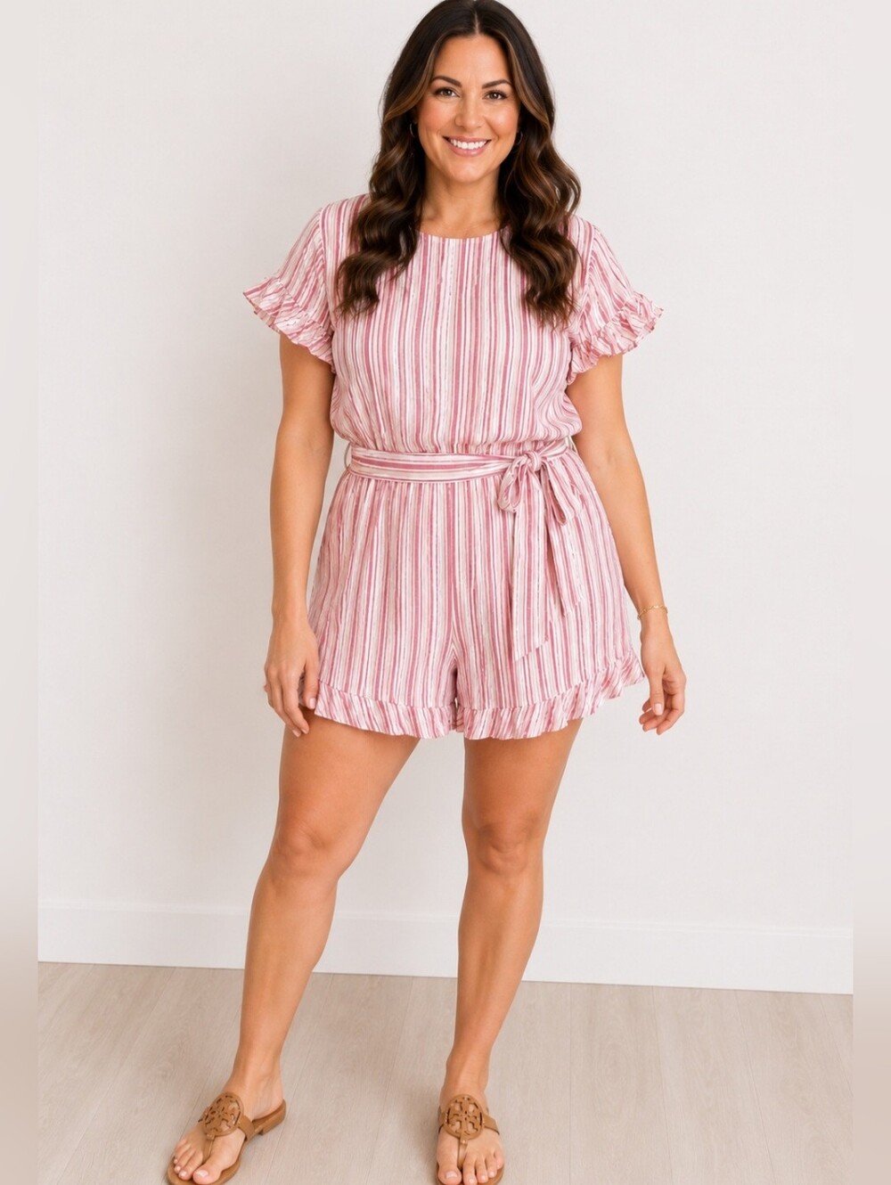 LOFT Plus Light Red Striped Belted Romper | Size 20 NWT